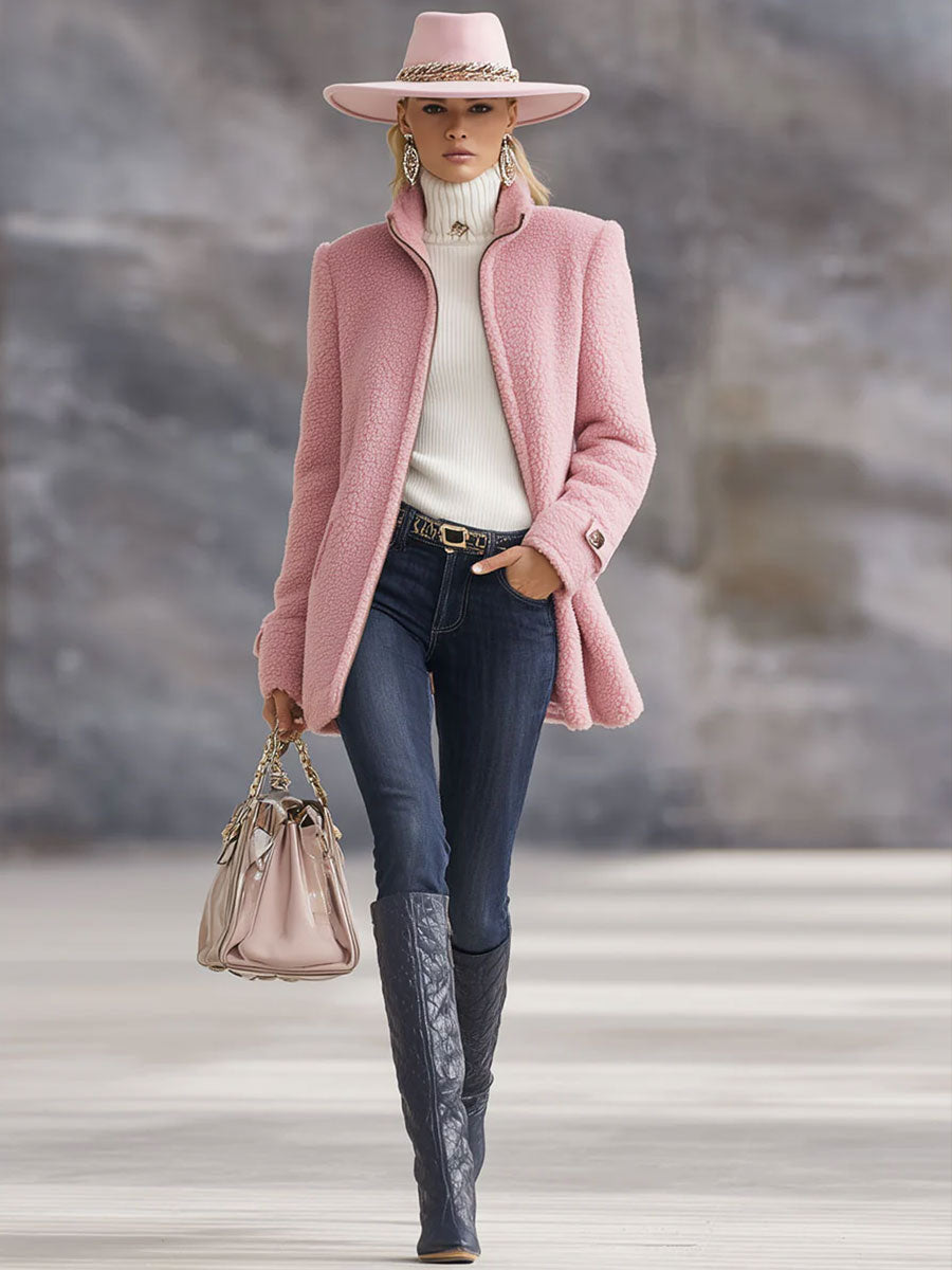 Women's Fleece Jacket with Zip Front and Stand Collar