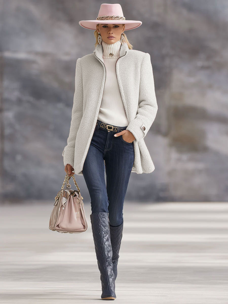 Women's Fleece Jacket with Zip Front and Stand Collar