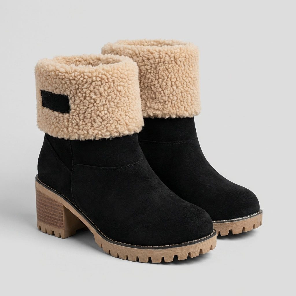 Women's Fleece Lined Block Heel Ankle Boots with Lug Sole