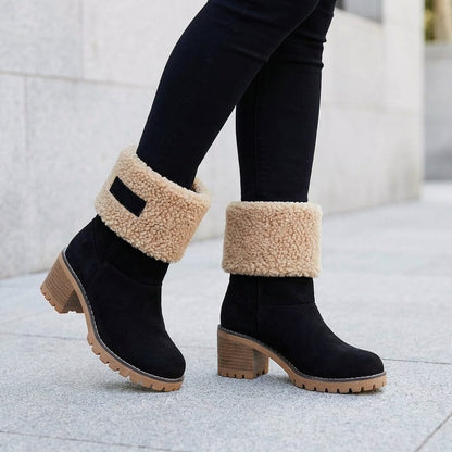 Women's Fleece Lined Block Heel Ankle Boots with Lug Sole