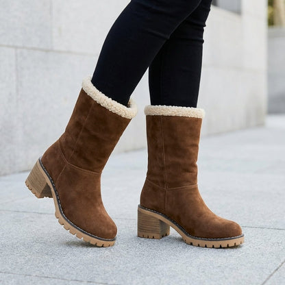 Women's Fleece Lined Block Heel Ankle Boots with Lug Sole