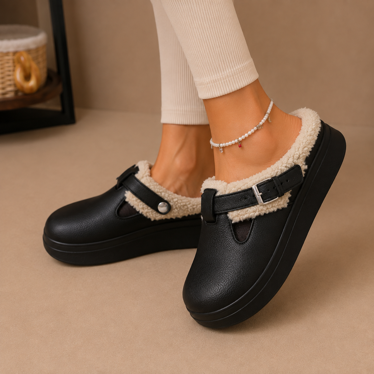 Women's Fleece Lined Slippers with Buckle Strap