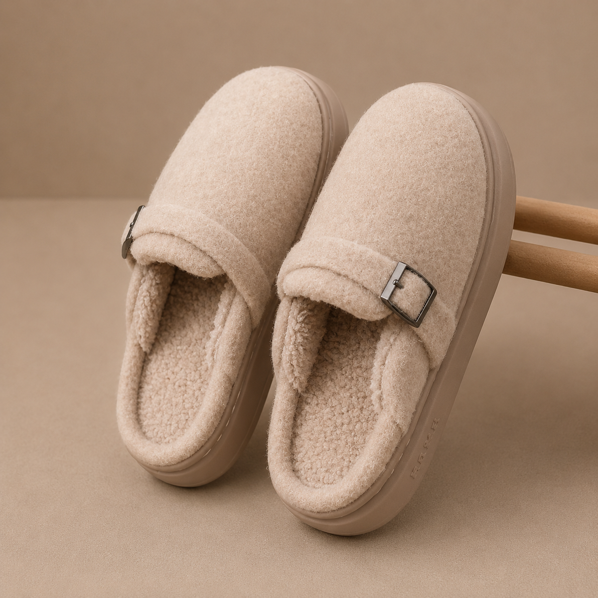 Women's Fleece Slippers with Buckle Detail