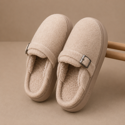 Women's Fleece Slippers with Buckle Detail