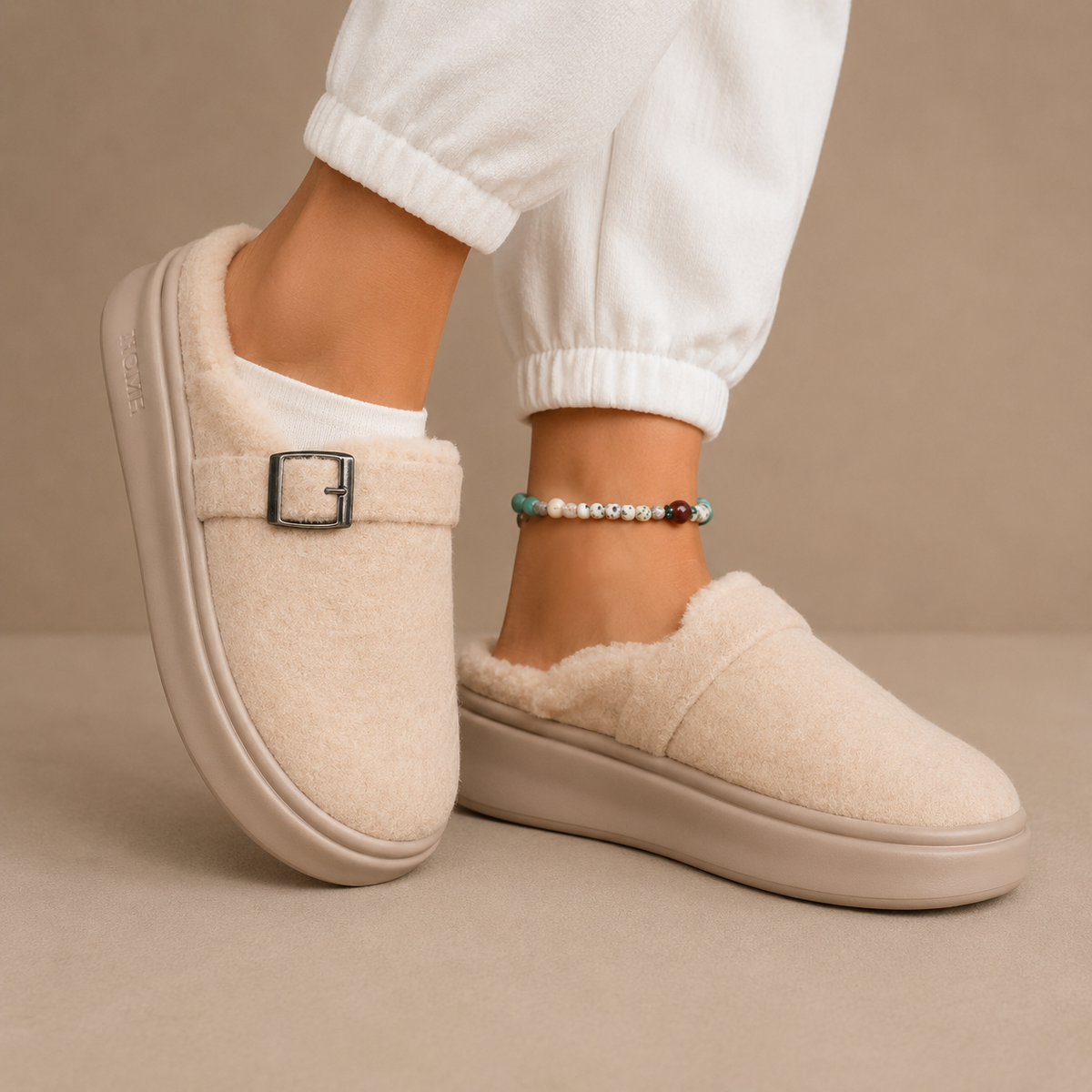 Women's Fleece Slippers with Buckle Detail