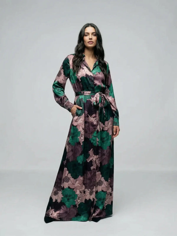 Women's floral belted maxi dress by Ilynora, front view with flowing silhouette and defined waist