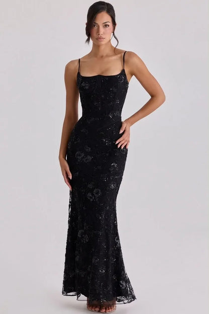 Women's Floral Embroidered Tulle Maxi Dress