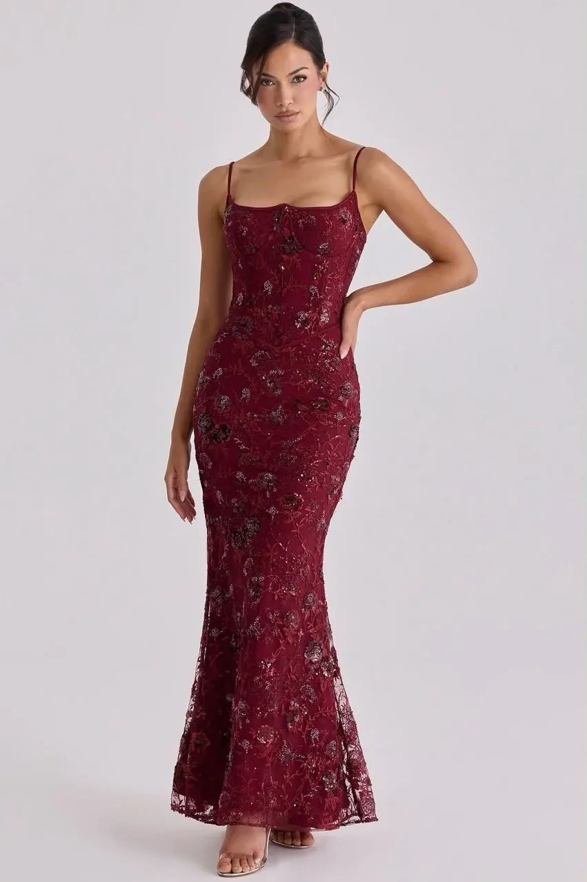 Women's Floral Embroidered Tulle Maxi Dress