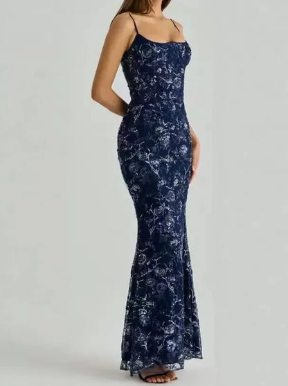 Women's Floral Embroidered Tulle Maxi Dress