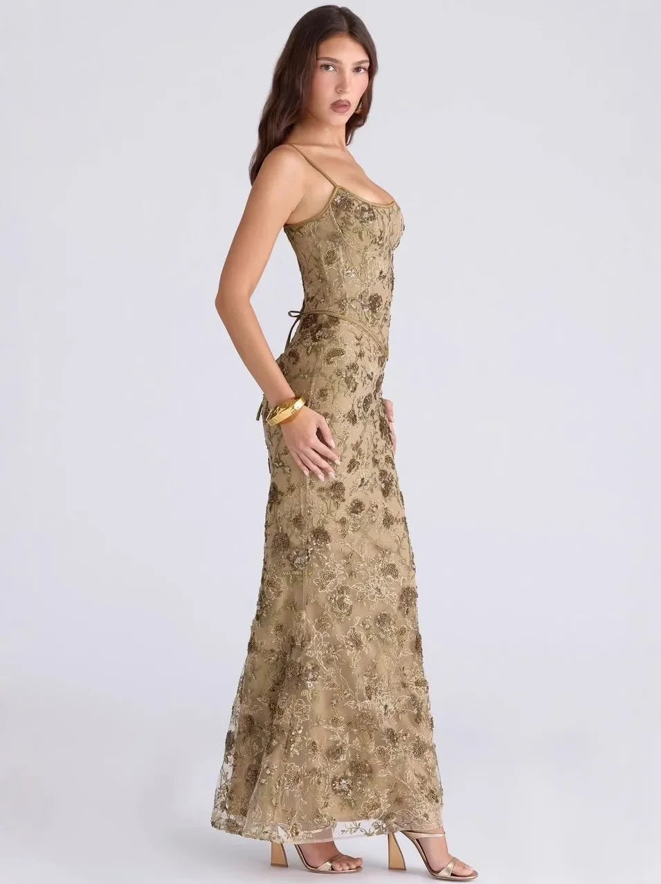 Women's Floral Embroidered Tulle Maxi Dress