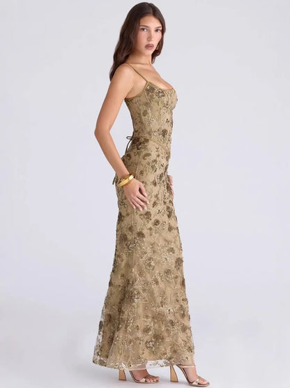 Women's Floral Embroidered Tulle Maxi Dress