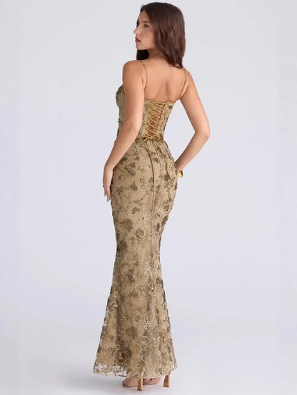 Women's Floral Embroidered Tulle Maxi Dress