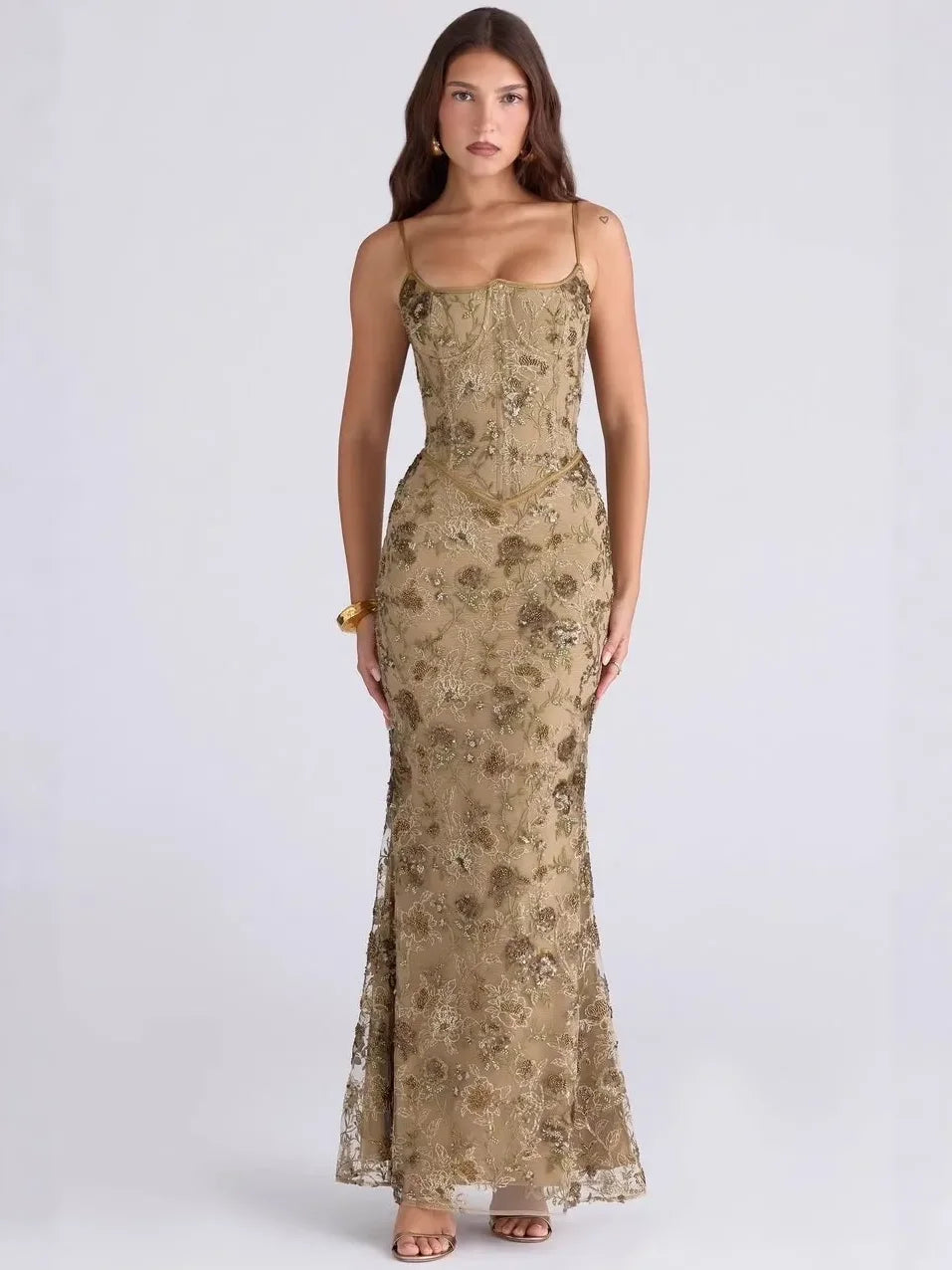 Women's Floral Embroidered Tulle Maxi Dress