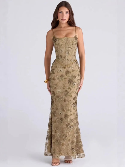 Women's Floral Embroidered Tulle Maxi Dress