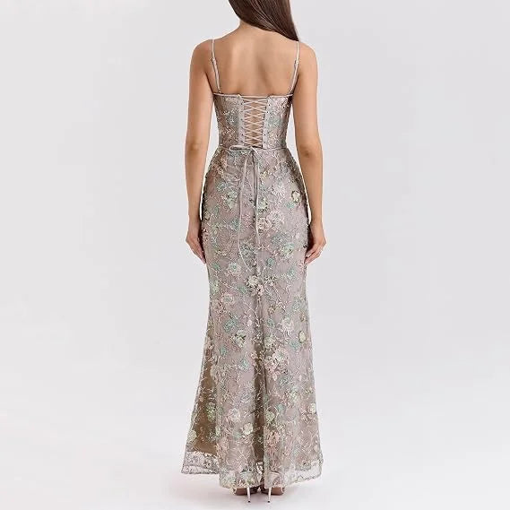 Women's Floral Embroidered Tulle Maxi Dress