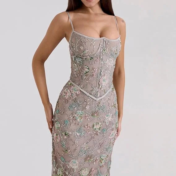 Women's Floral Embroidered Tulle Maxi Dress