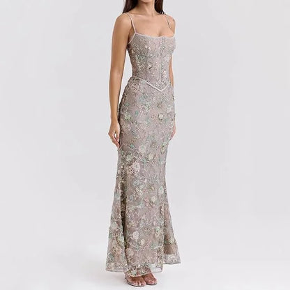 Women's Floral Embroidered Tulle Maxi Dress