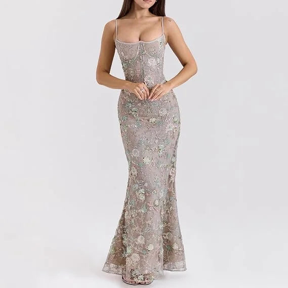 Women's Floral Embroidered Tulle Maxi Dress