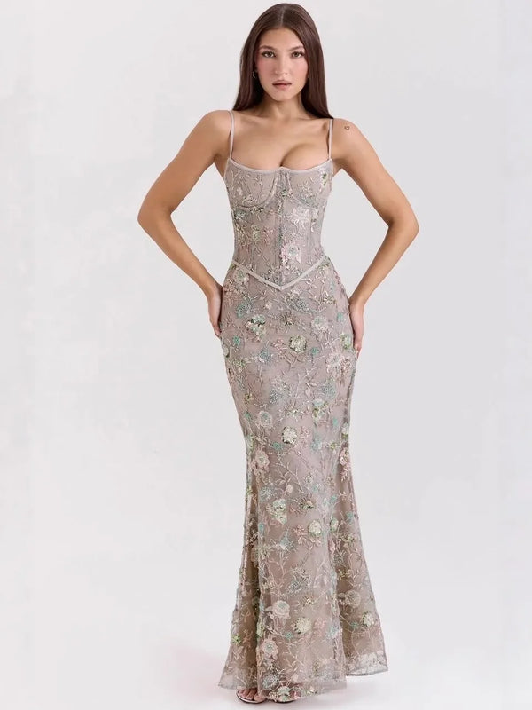 Women's Floral Embroidered Tulle Maxi Dress