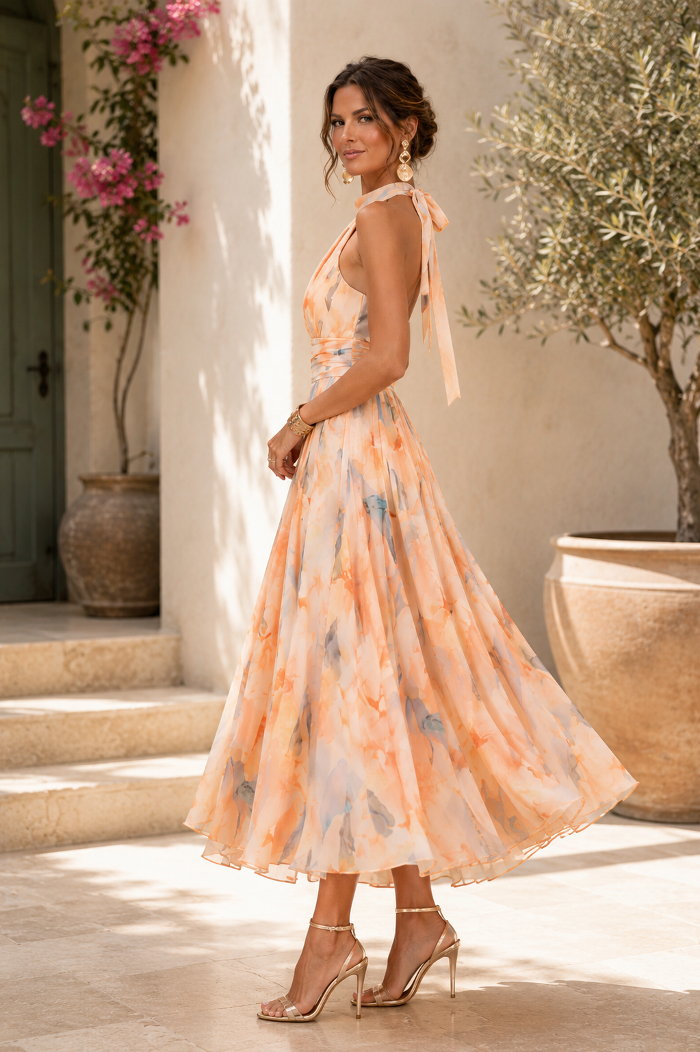 Women's Floral Halter Pleated Waist Midi Dress
