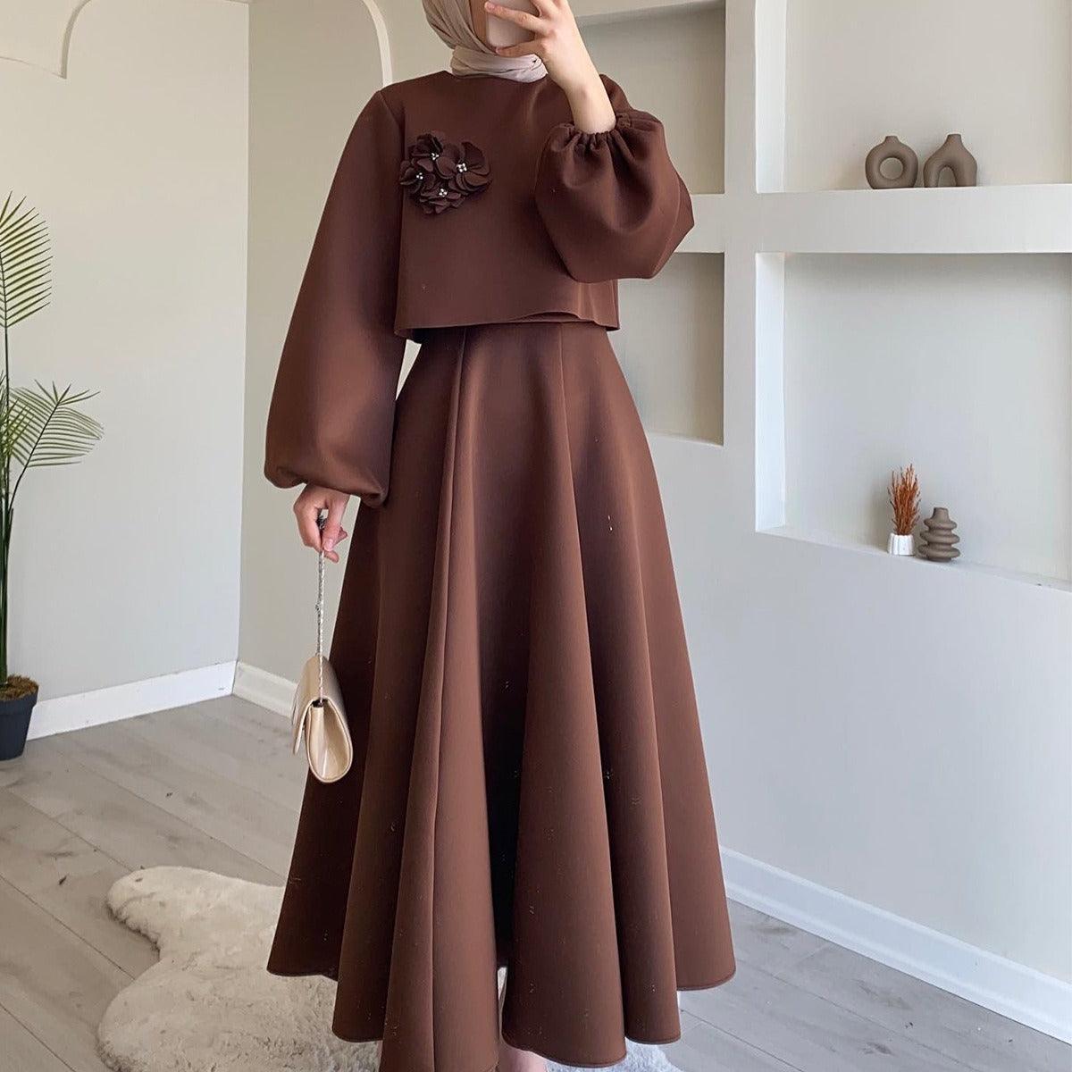 Women's Floral Lantern Sleeve Two Piece Skirt Set