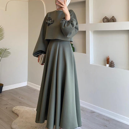 Women's Floral Lantern Sleeve Two Piece Skirt Set