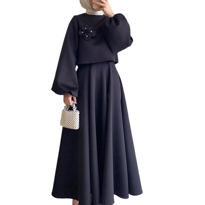 Women's Floral Lantern Sleeve Two Piece Skirt Set