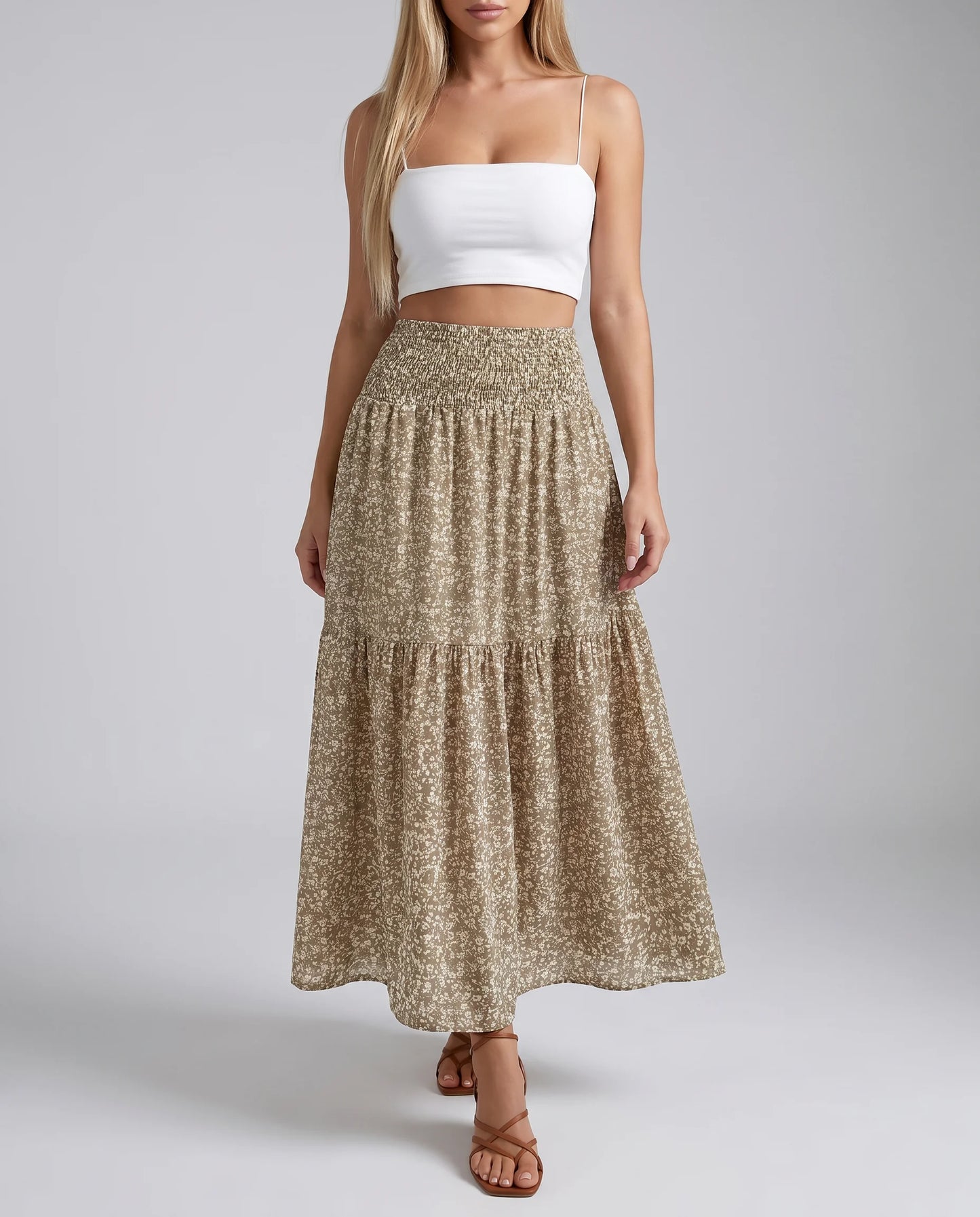 Women's khaki floral midi skirt with lightweight fabric and elegant high waist fit by ILYNORA