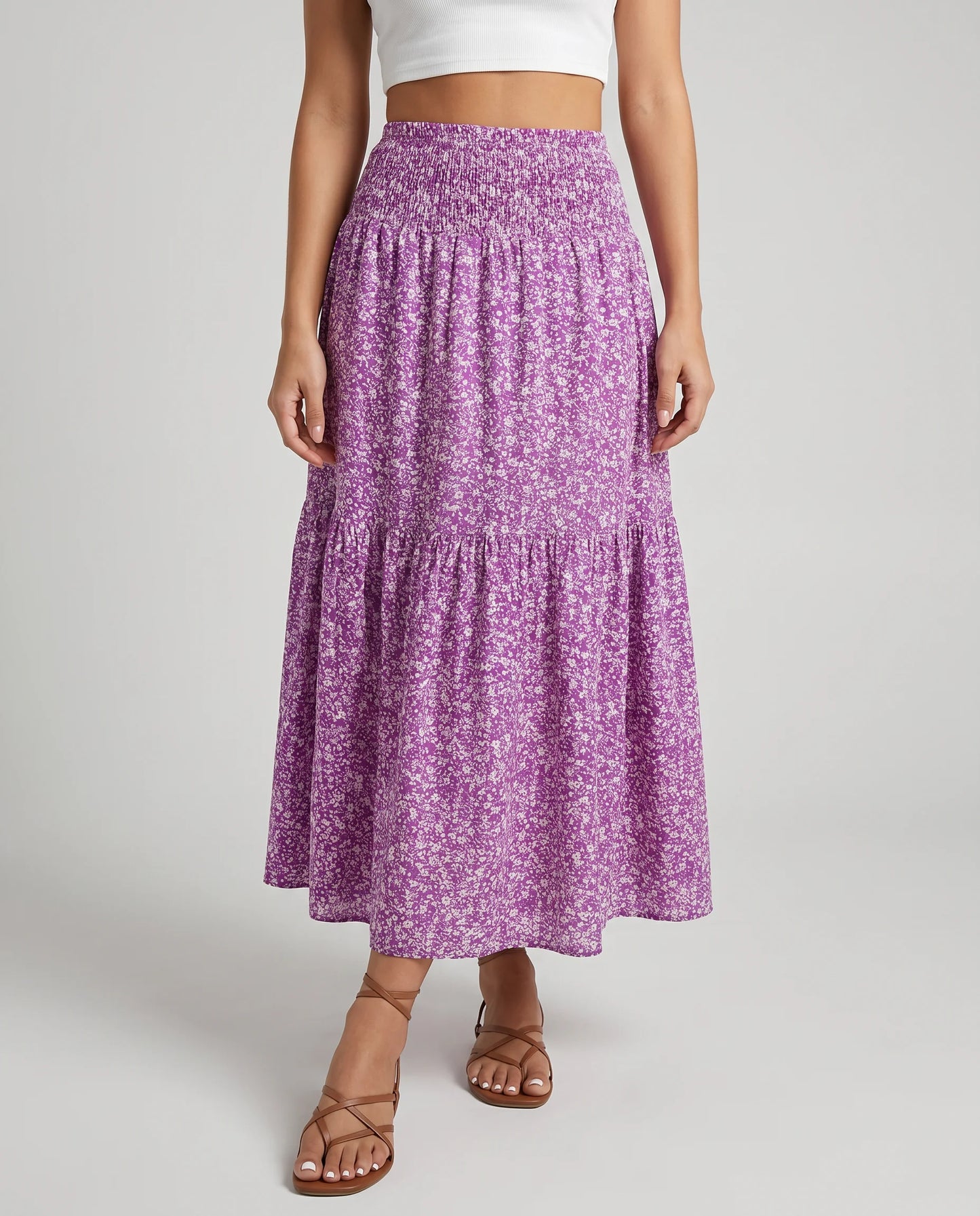 Women's violet floral midi skirt with romantic print and flattering high waist fit by ILYNORA