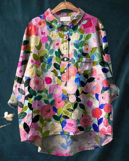 Women's Floral Print Relaxed Linen Shirt