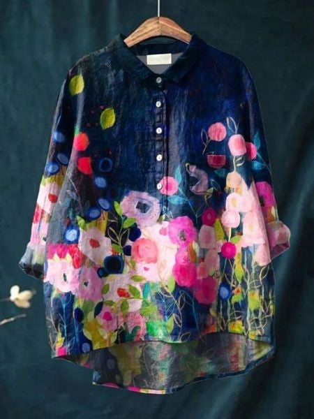 Women's Floral Print Relaxed Linen Shirt