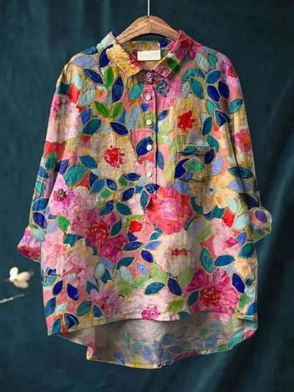 Women's Floral Print Relaxed Linen Shirt