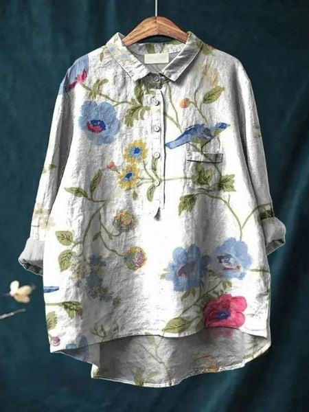 Women's Floral Print Relaxed Linen Shirt