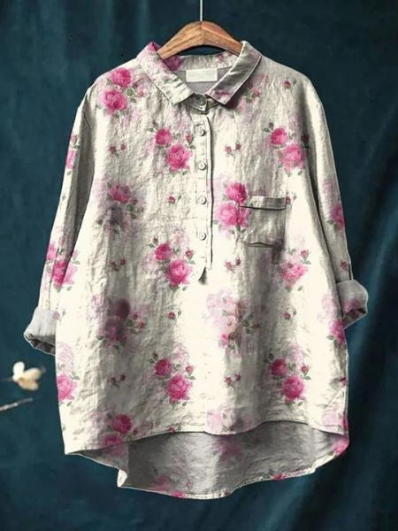 Women's Floral Print Relaxed Linen Shirt