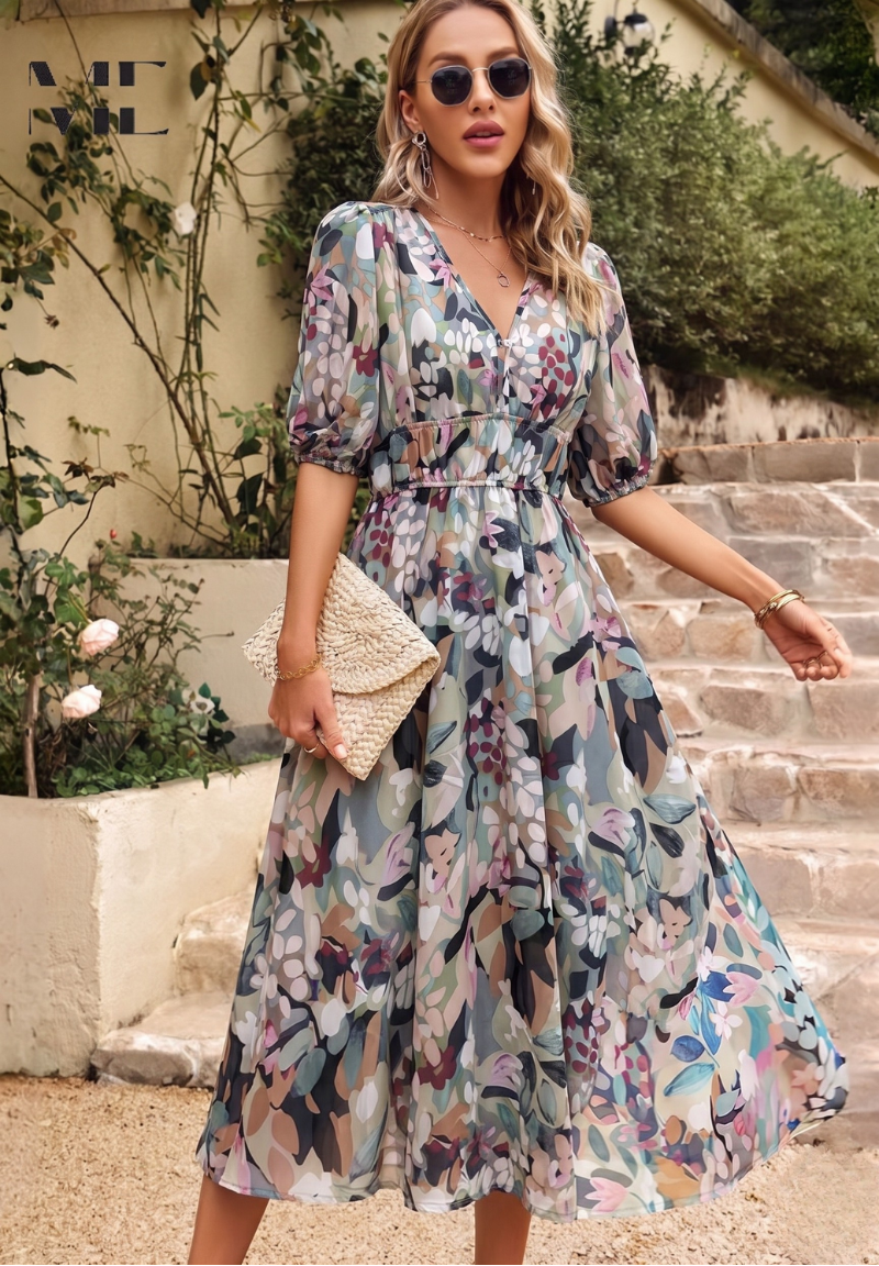 Women's Floral Puff Sleeve Midi Dress