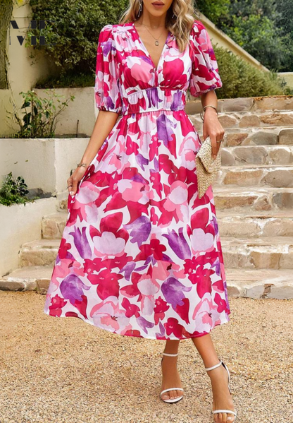 Women's Floral Puff Sleeve Midi Dress