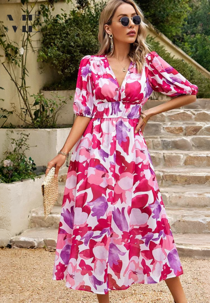 Women's Floral Puff Sleeve Midi Dress