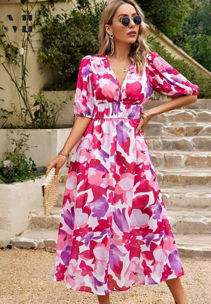 Women's Floral Puff Sleeve Midi Dress