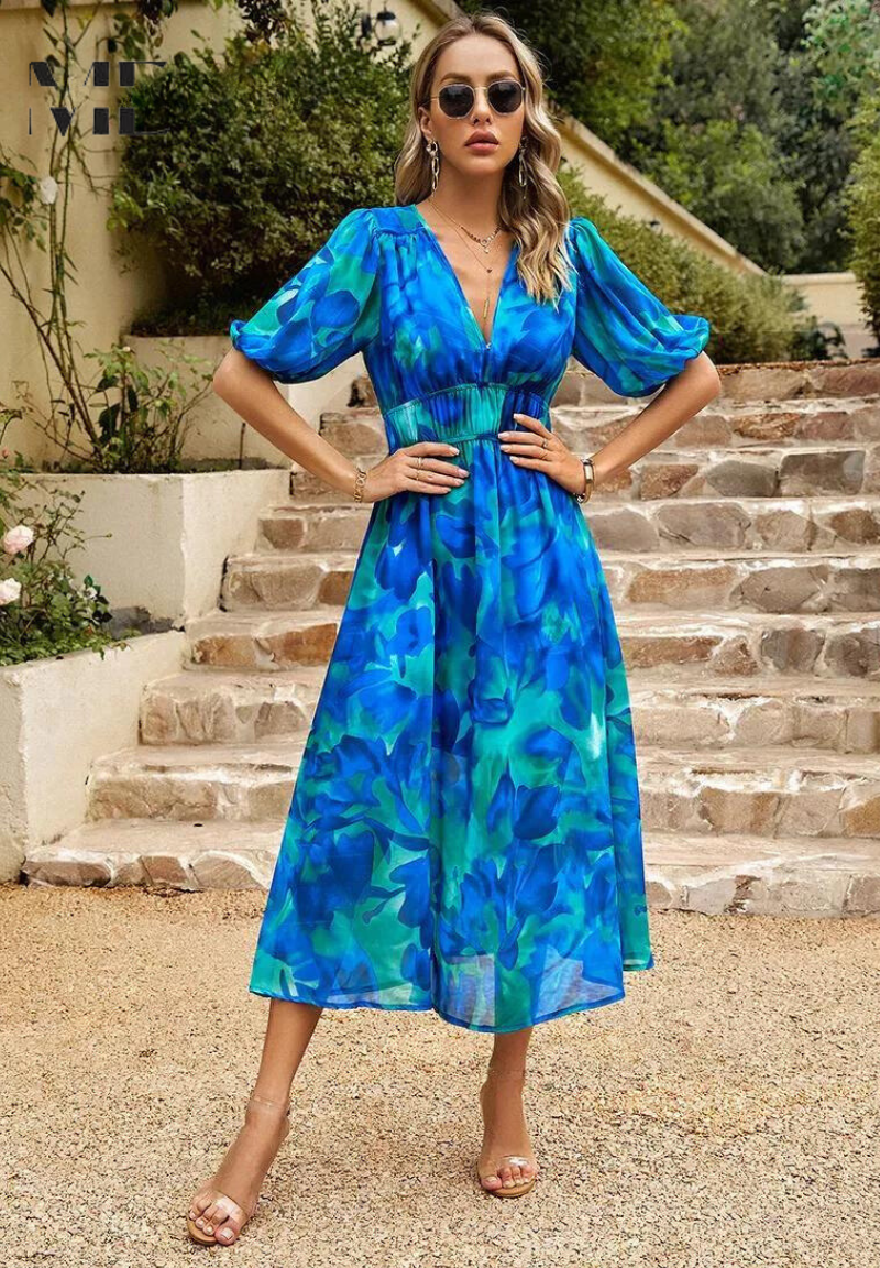 Women's Floral Puff Sleeve Midi Dress