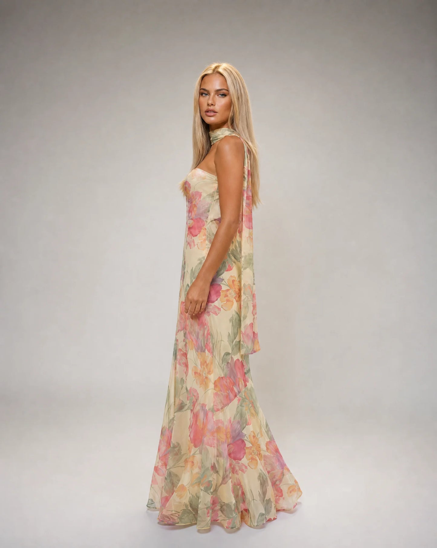 Creme floral scarf neck maxi dress side view with fitted bodice and romantic occasion wear by ILYNORA