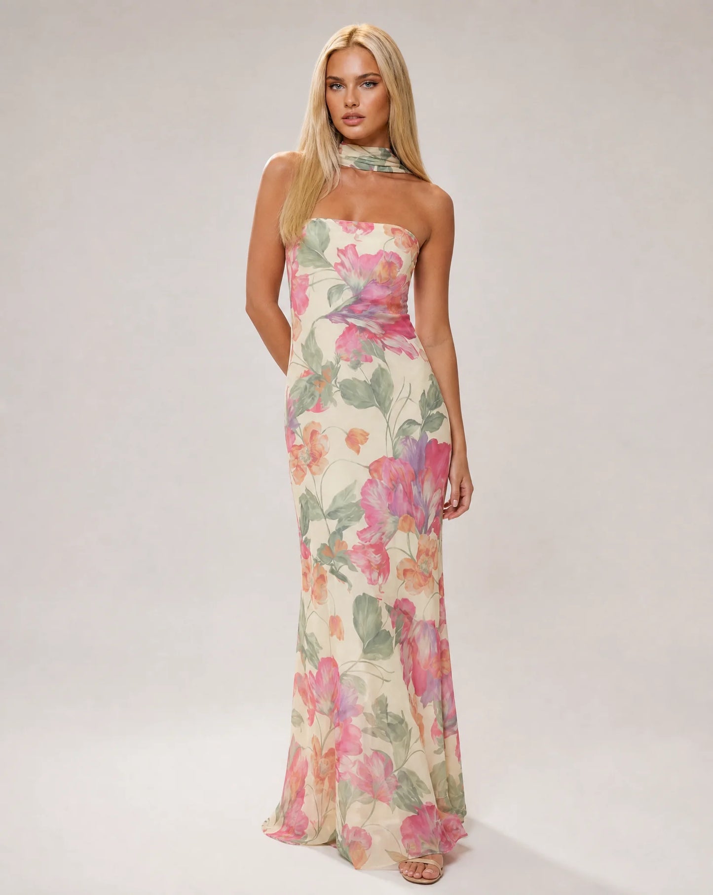 Creme floral scarf neck maxi dress with strapless neckline and elegant wedding guest styling by ILYNORA