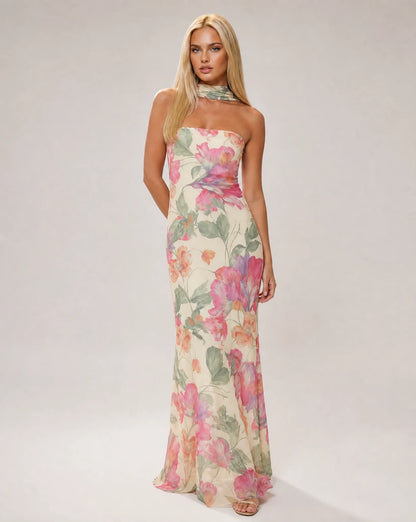 Creme floral scarf neck maxi dress with strapless neckline and elegant wedding guest styling by ILYNORA