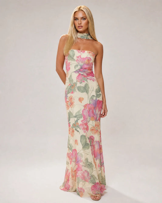 Creme floral scarf neck maxi dress with strapless neckline and elegant wedding guest styling by ILYNORA