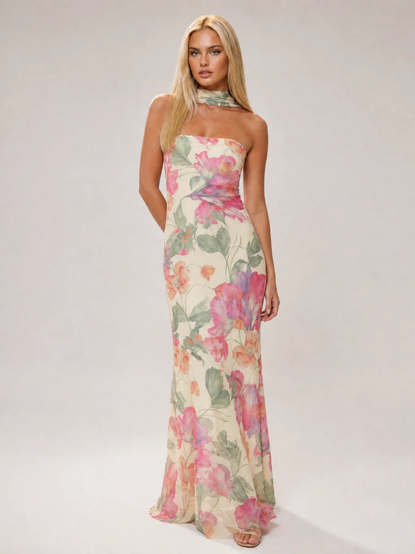 Creme floral scarf neck maxi dress with strapless neckline and elegant wedding guest styling by ILYNORA