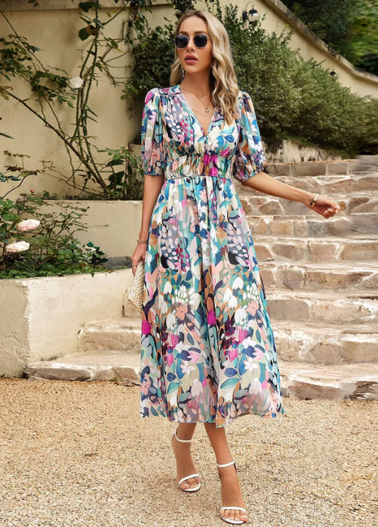 Women's Floral Smocked Waist Midi Dress
