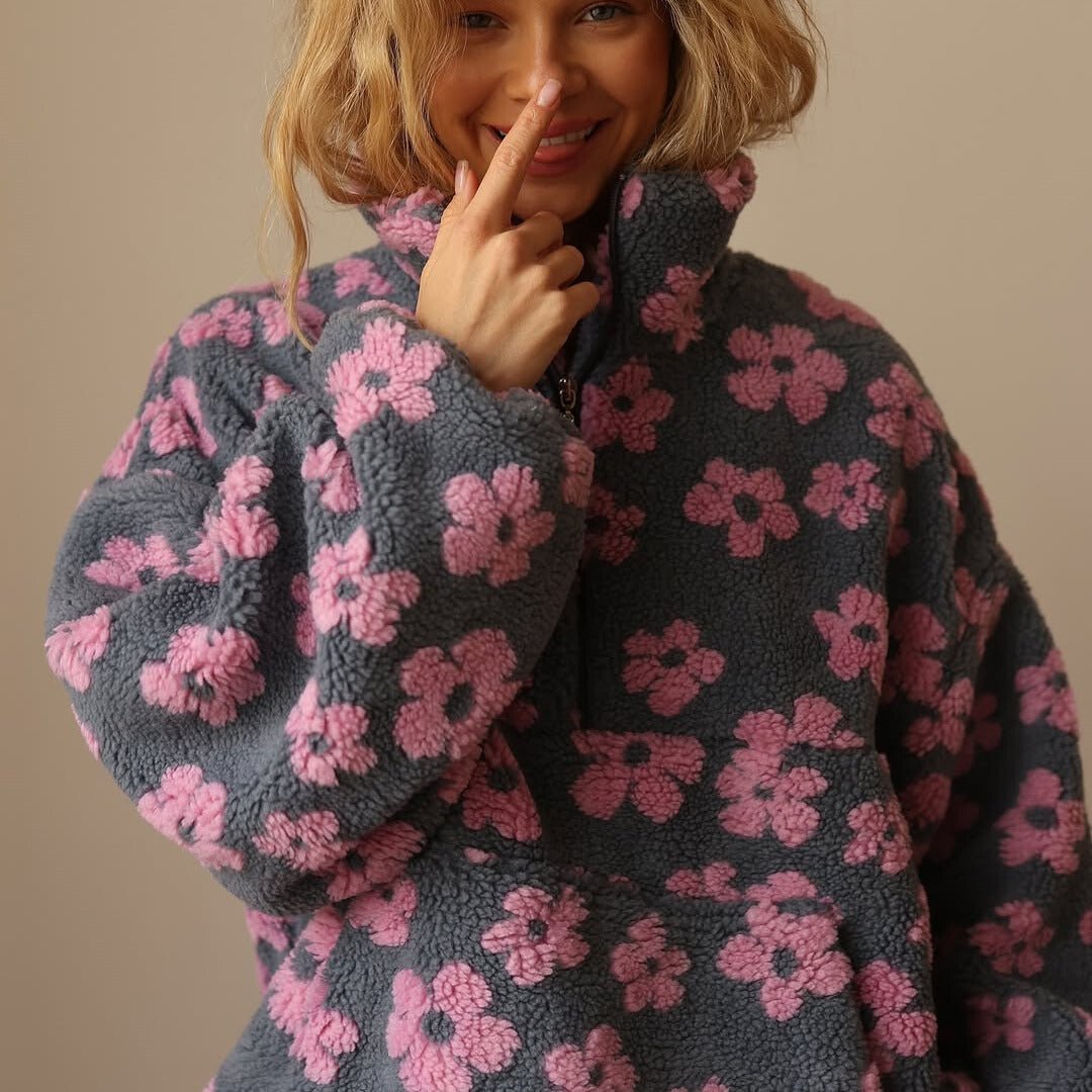 Women's Floral Teddy Fleece Half Zip Jacket