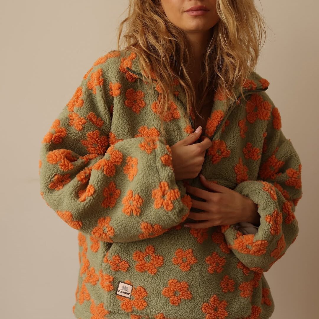Women's Floral Teddy Fleece Half Zip Jacket