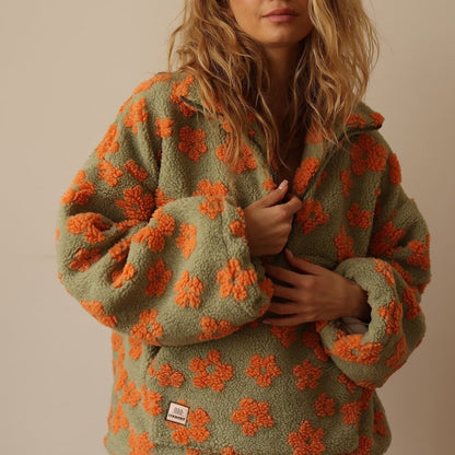 Women's Floral Teddy Fleece Half Zip Jacket