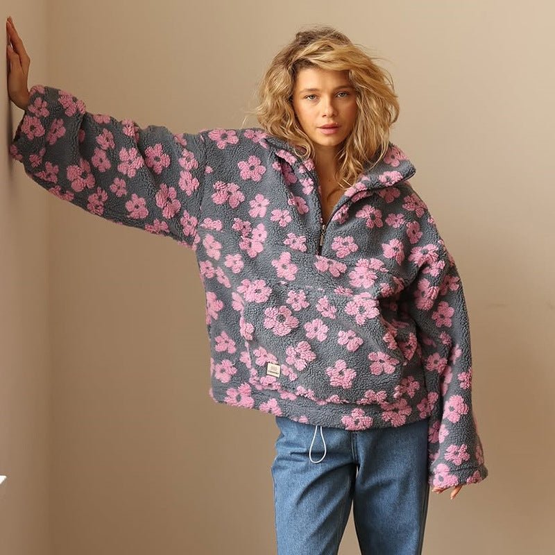 Women's Floral Teddy Fleece Half Zip Jacket