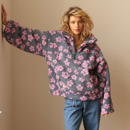 Women's Floral Teddy Fleece Half Zip Jacket